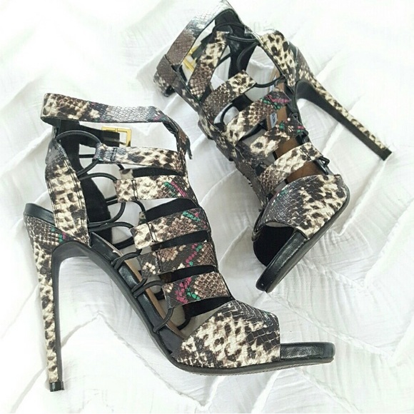 STEVE MADDEN CAGE HEELS SNAKE SKIN UPPER LEATHER 5 INCHES HIGH MULTICOLOURED - Picture 2 of 8